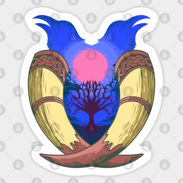 With Yggdrasil and drinking horns - Hugin and Munin Sticker by Modern Medieval Design